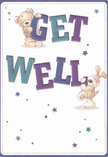 This delightful get well card radiates the gentle warmth of West Norwood kindness-two adorable companions, a teddy bear and a floppy-eared puppy, leap from the page in a burst of playful optimism, each joyfully balancing the bold, colourful letters of 'Get Well.' Indigo and teal hues shimmer across the text, standing out brightly against a soft, creamy background reminiscent of the light in a local flower shop on Norwood Road. Scattered star motifs in vibrant purples and blues twinkle through the scene, bringing a dash of whimsy that recalls the hope carried in a locally made bouquet. The inviting texture of the bear's plush fur and the puppy's velvet ears feels almost tangible, suggesting comfort and gentle care. Every detail, from the expressive faces to the airy depth, glows with genuine comfort and encouragement-perfect for sending a heartfelt message of recovery, much like the everyday gestures of support seen throughout the West Norwood community.